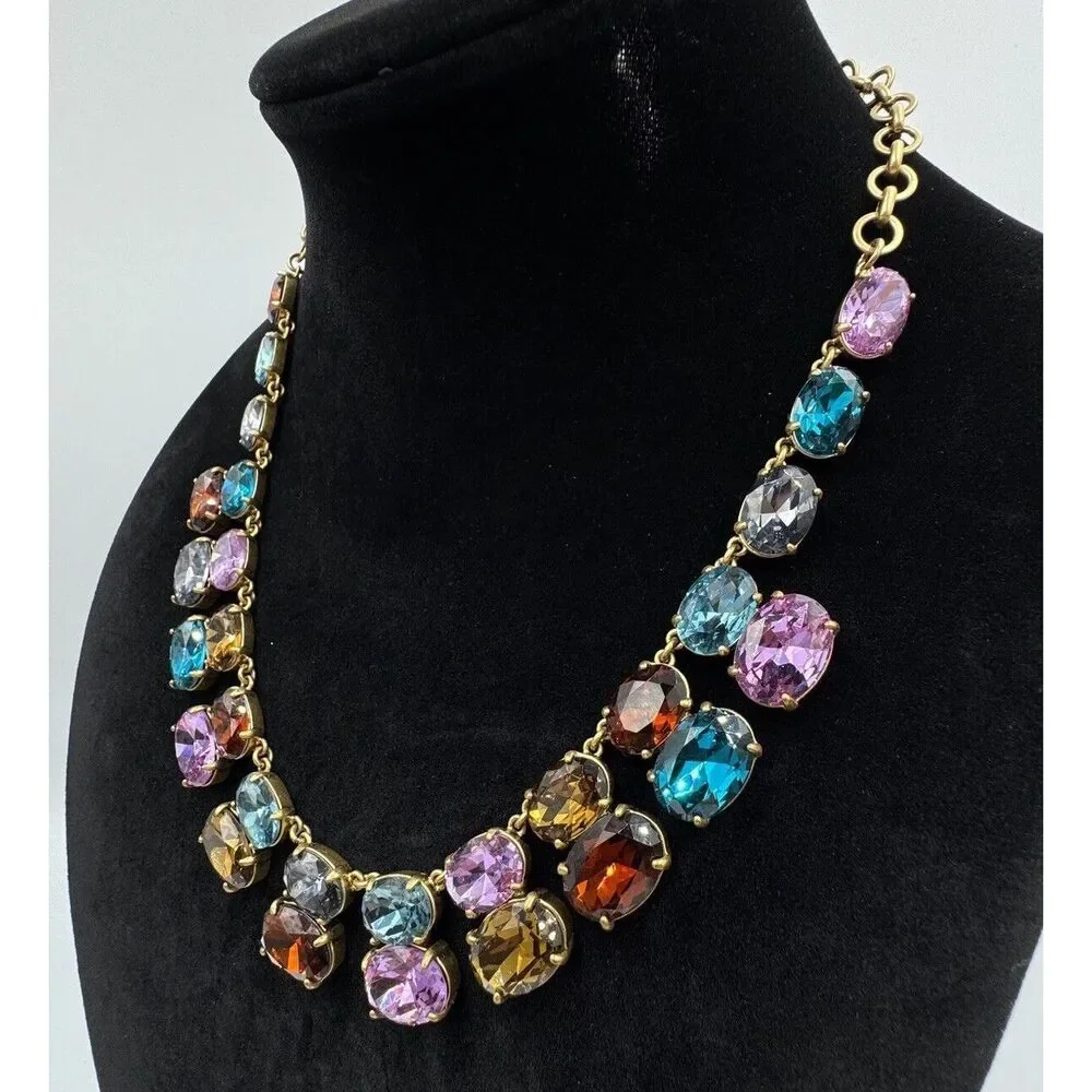 J.Crew Gold Tone Blue Purple Red Oval Rhinestone Statement Necklace New With Tag - Picture 3 of 9